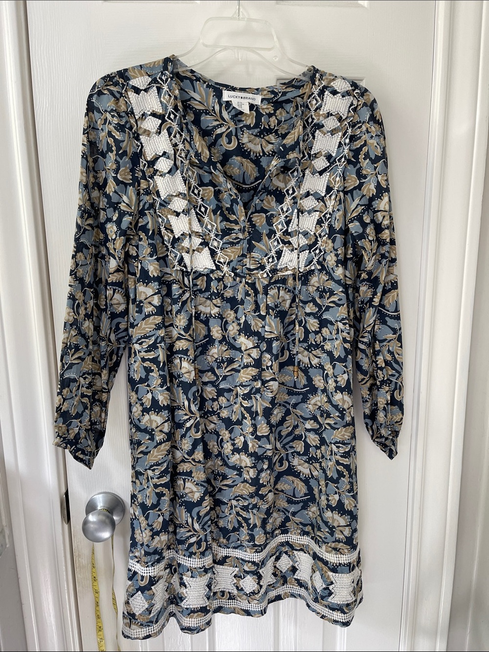 Lucky Brand Navy and Beige Floral Embroidered V-Neck Tunic Dress